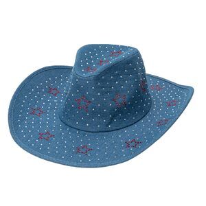 2448 Denim Cowboy Hat For Women Rhinestone Western Wide Brim Cowgirl